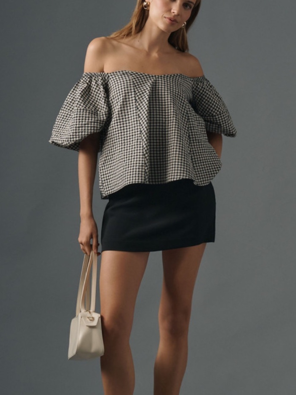 Anthropologie Black and White Gingham Puff-Sleeve off shoulder blouse